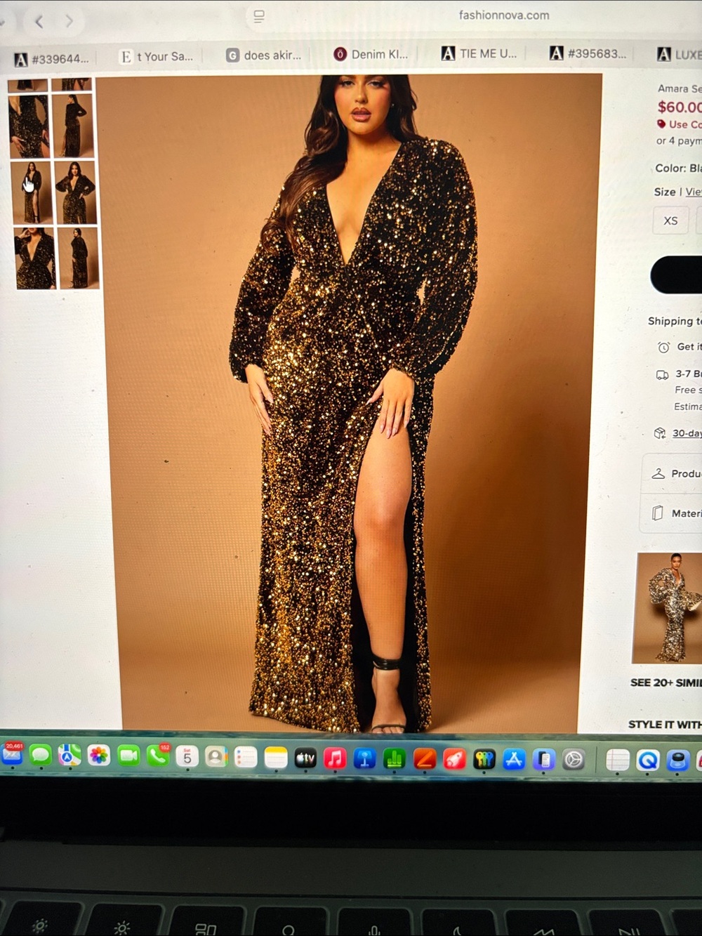 Fashion Nova Gold Sequin Deep V Long Sleeve Maxi Dress